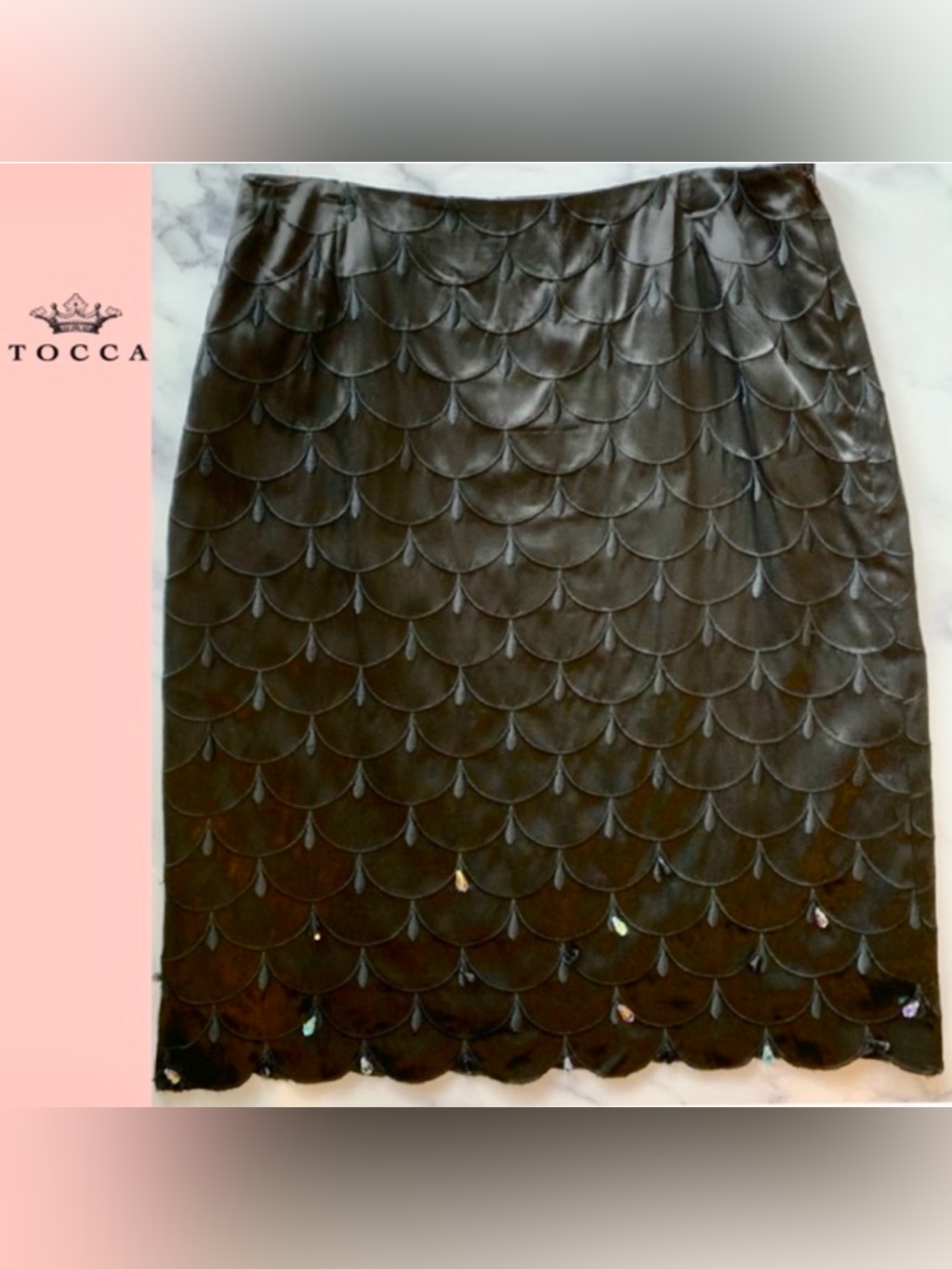 Tocca Black Silk Scaled And Scallop & Crystal Skirt Knee Length Size 2